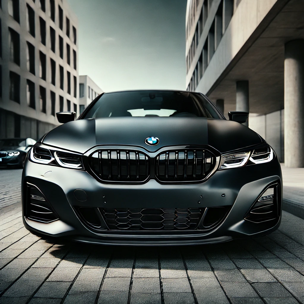 DALL·E 2024-07-17 16.00.02 - A sleek BMW car with a black matte finish, viewed from the front angle. The car is parked on a street with a modern urban background. The black matte