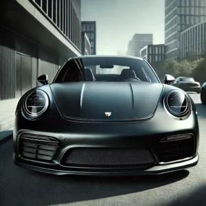 DALL·E 2024-07-17 16.00.05 - A sleek Porsche car with a black matte finish, viewed from the front angle. The car is parked on a street with a modern urban background. The black ma