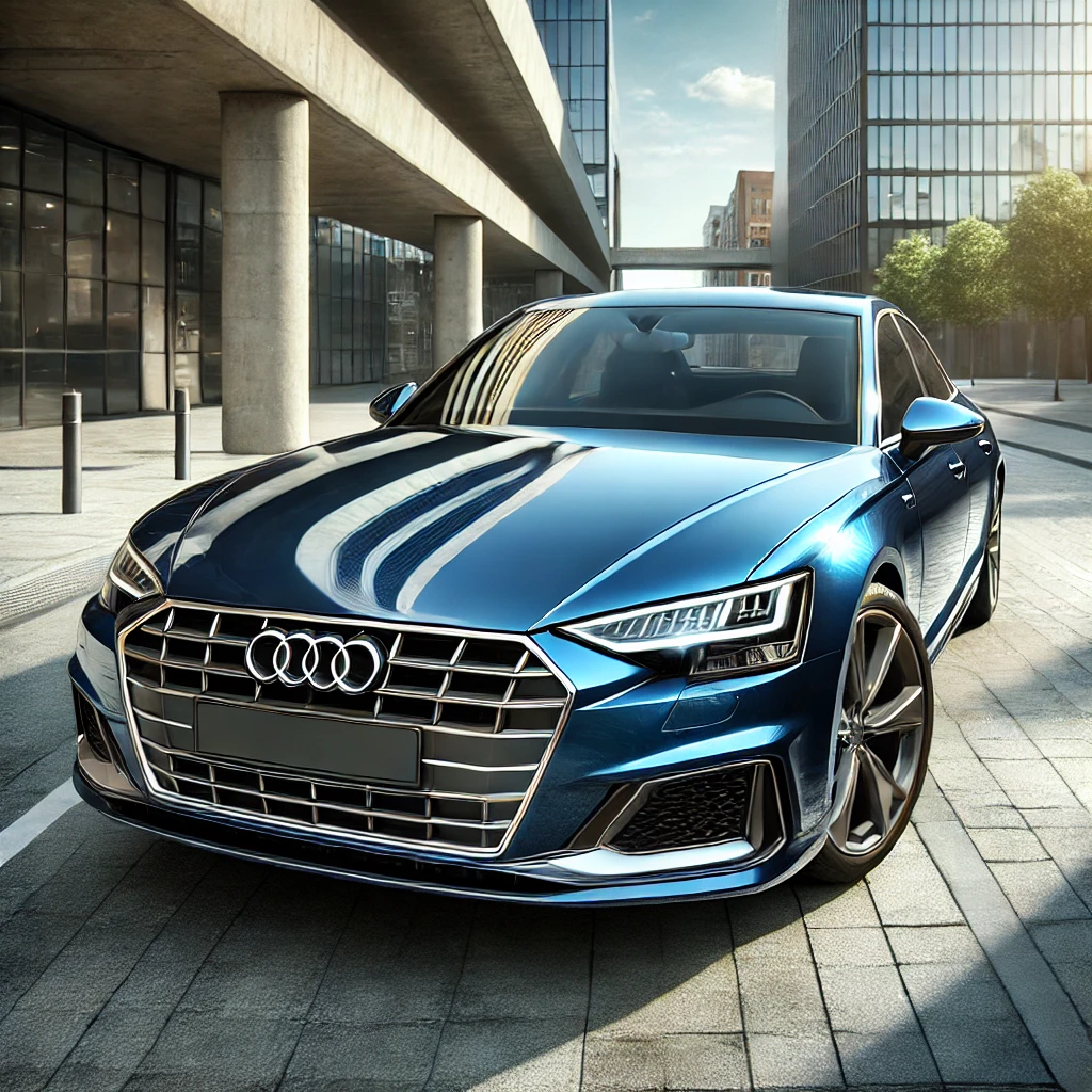 DALL·E 2024-07-18 04.26.56 - A sleek blue Audi car with gloss paint protection film applied, viewed from the front angle. The car is parked on a street with a modern urban backgro