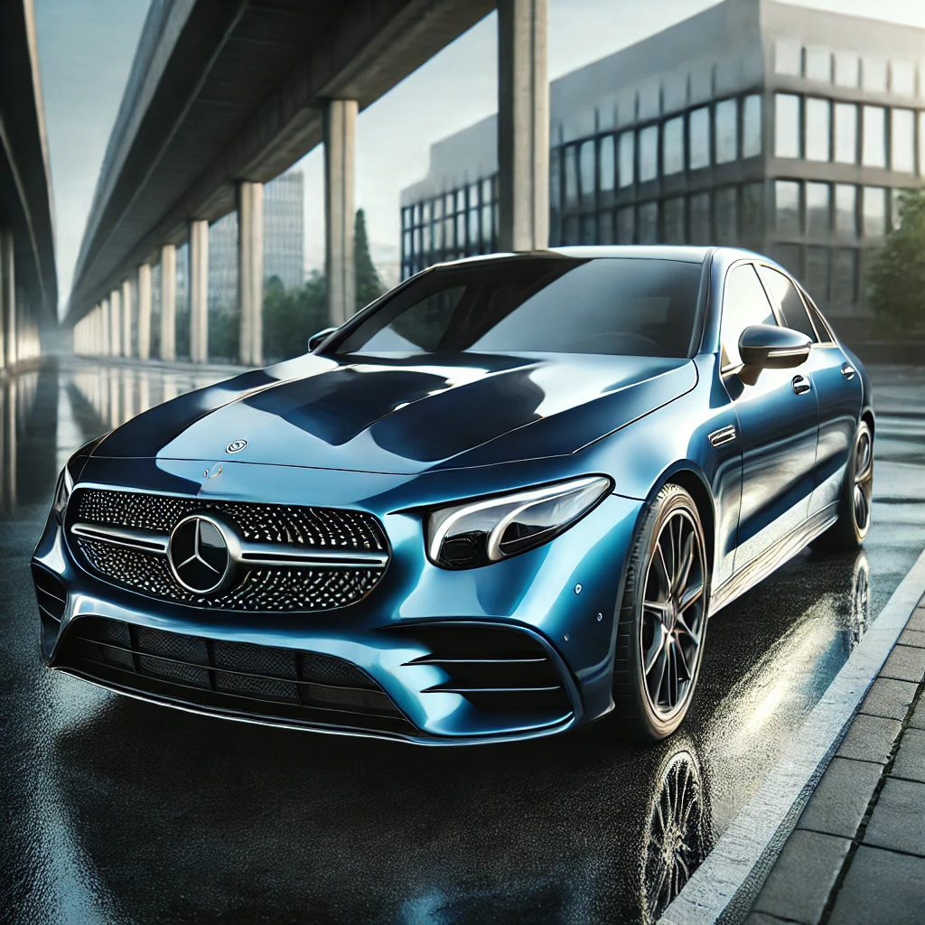 DALL·E 2024-07-18 04.26.58 - A sleek blue Mercedes car with gloss paint protection film applied, viewed from the front angle. The car is parked on a street with a modern urban bac